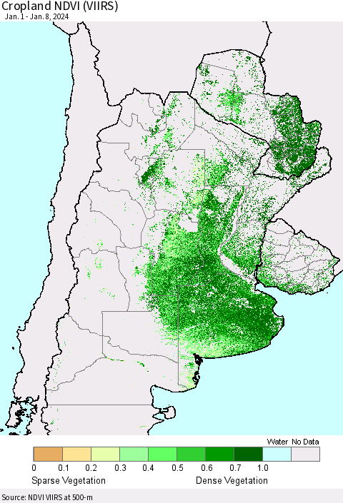 Southern South America Cropland NDVI (VIIRS) Thematic Map For 1/1/2024 - 1/8/2024