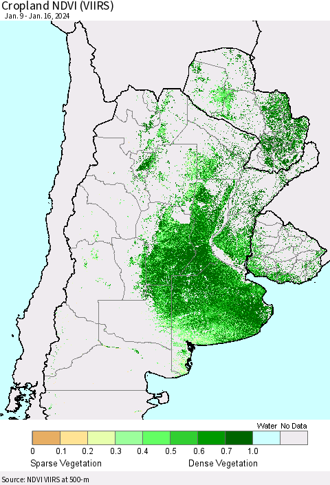 Southern South America Cropland NDVI (VIIRS) Thematic Map For 1/9/2024 - 1/16/2024