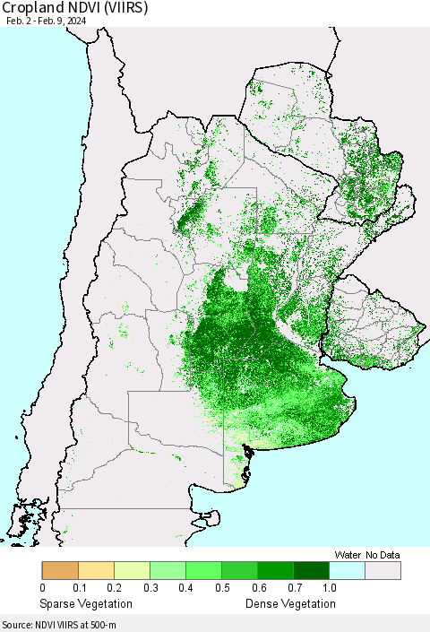 Southern South America Cropland NDVI (VIIRS) Thematic Map For 2/2/2024 - 2/9/2024