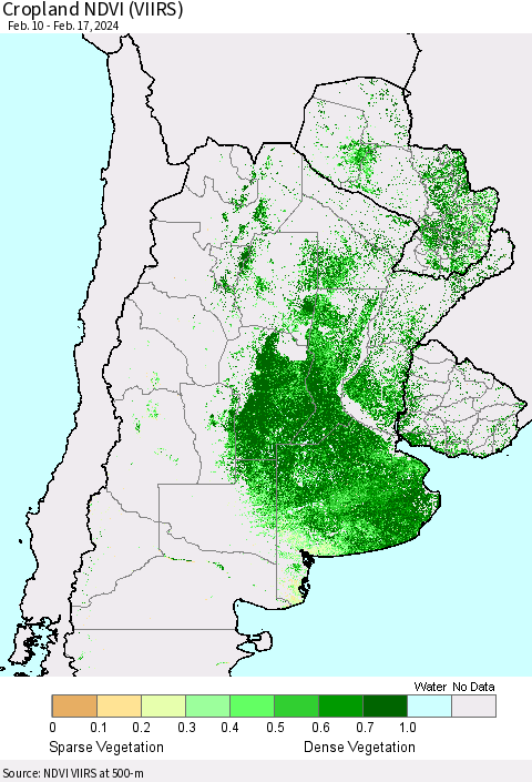 Southern South America Cropland NDVI (VIIRS) Thematic Map For 2/10/2024 - 2/17/2024
