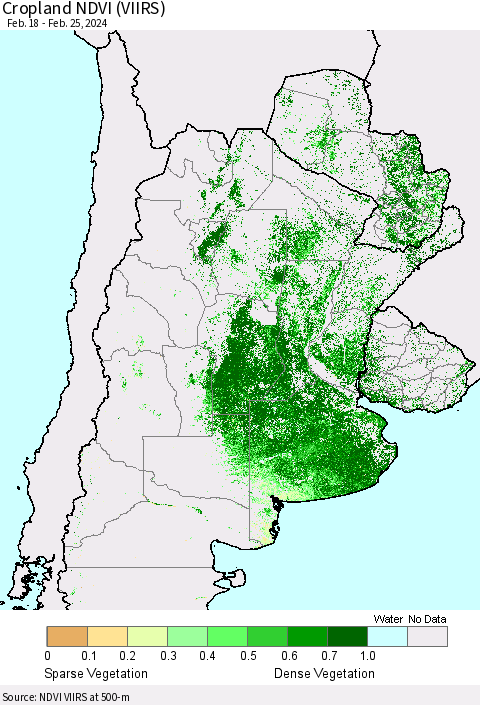 Southern South America Cropland NDVI (VIIRS) Thematic Map For 2/18/2024 - 2/25/2024