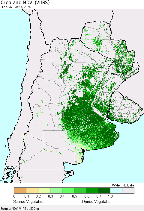 Southern South America Cropland NDVI (VIIRS) Thematic Map For 2/26/2024 - 3/4/2024