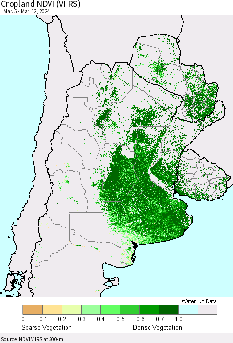 Southern South America Cropland NDVI (VIIRS) Thematic Map For 3/5/2024 - 3/12/2024