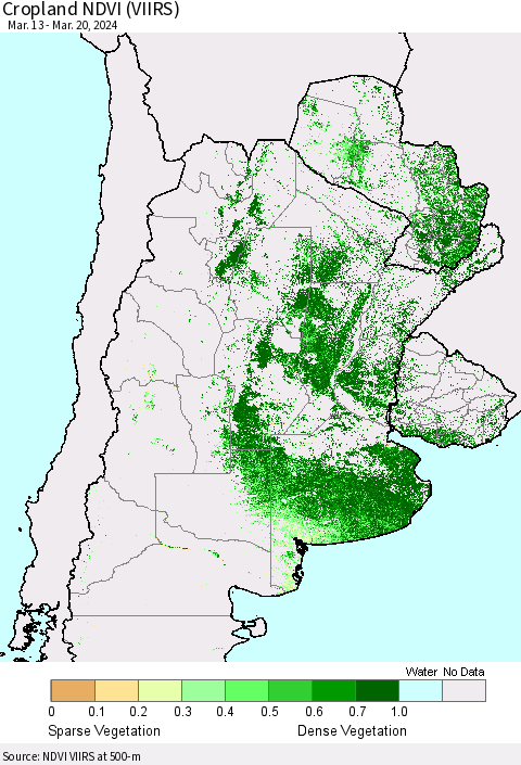 Southern South America Cropland NDVI (VIIRS) Thematic Map For 3/13/2024 - 3/20/2024