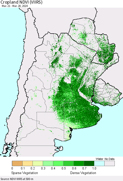 Southern South America Cropland NDVI (VIIRS) Thematic Map For 3/21/2024 - 3/28/2024