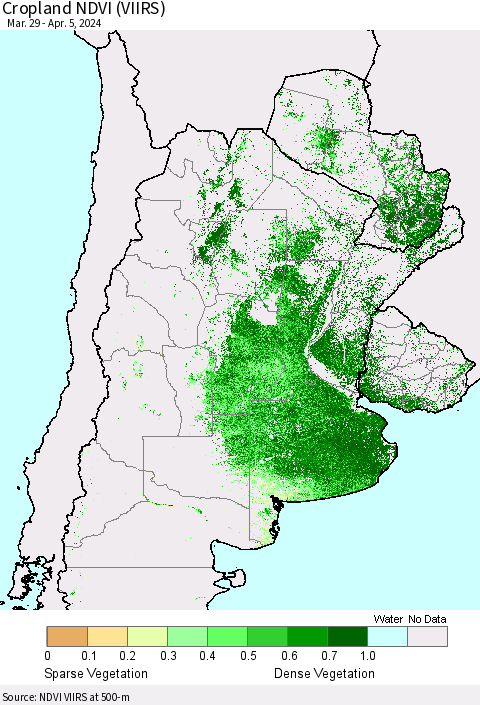 Southern South America Cropland NDVI (VIIRS) Thematic Map For 3/29/2024 - 4/5/2024