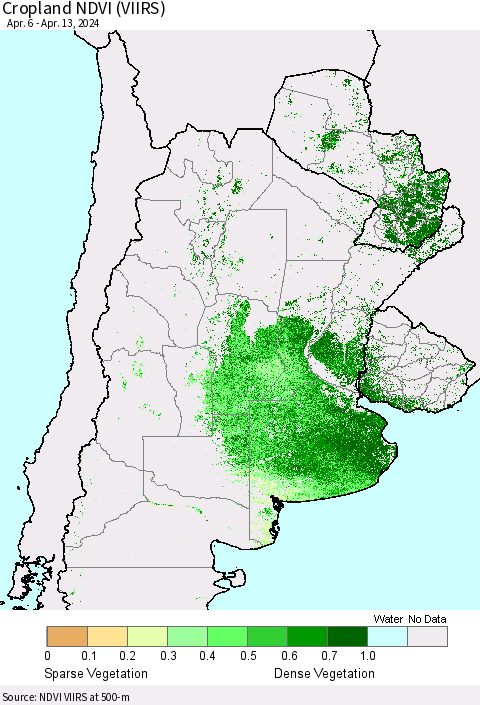 Southern South America Cropland NDVI (VIIRS) Thematic Map For 4/6/2024 - 4/13/2024