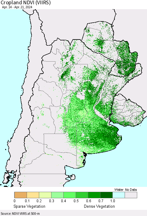Southern South America Cropland NDVI (VIIRS) Thematic Map For 4/14/2024 - 4/21/2024