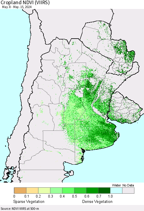 Southern South America Cropland NDVI (VIIRS) Thematic Map For 5/8/2024 - 5/15/2024