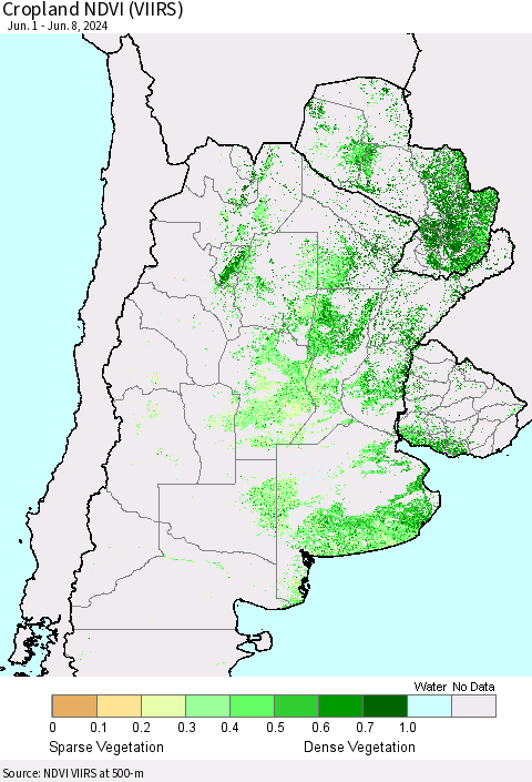 Southern South America Cropland NDVI (VIIRS) Thematic Map For 6/1/2024 - 6/8/2024