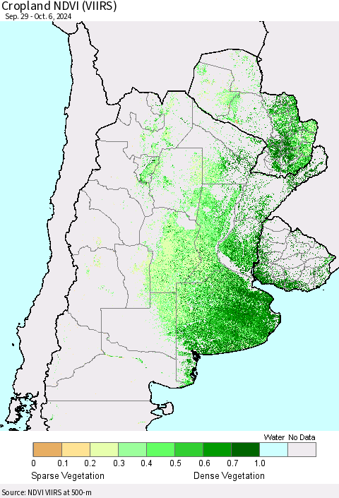 Southern South America Cropland NDVI (VIIRS) Thematic Map For 9/29/2024 - 10/6/2024