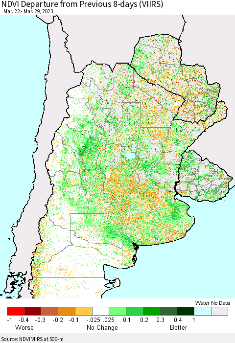 Southern South America NDVI Departure from Previous 8-days (VIIRS) Thematic Map For 3/22/2023 - 3/29/2023