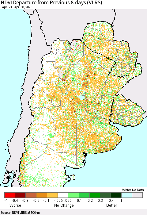 Southern South America NDVI Departure from Previous 8-days (VIIRS) Thematic Map For 4/23/2023 - 4/30/2023