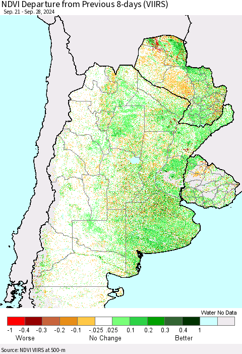 Southern South America NDVI Departure from Previous 8-days (VIIRS) Thematic Map For 9/21/2024 - 9/28/2024
