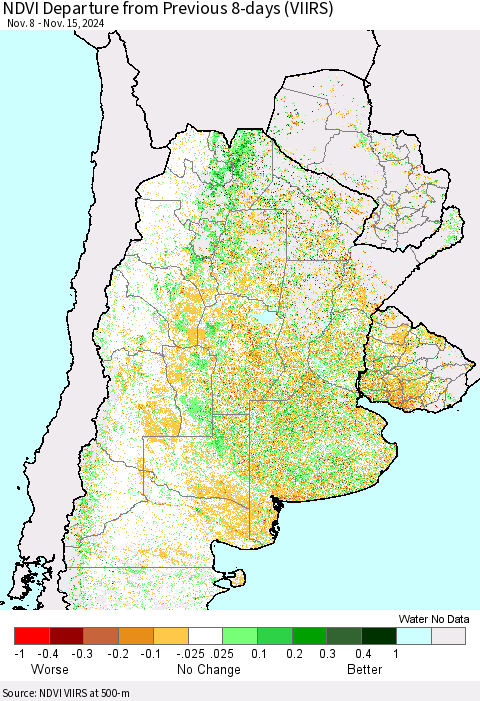 Southern South America NDVI Departure from Previous 8-days (VIIRS) Thematic Map For 11/8/2024 - 11/15/2024