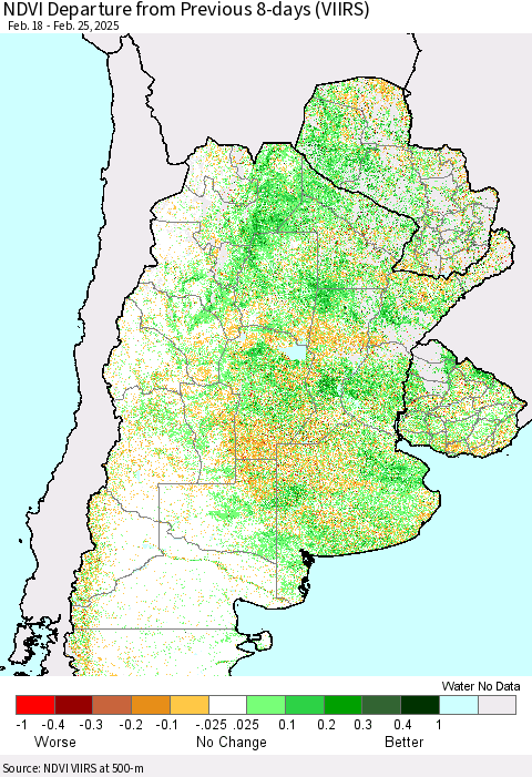 Southern South America NDVI Departure from Previous 8-days (VIIRS) Thematic Map For 2/18/2025 - 2/25/2025
