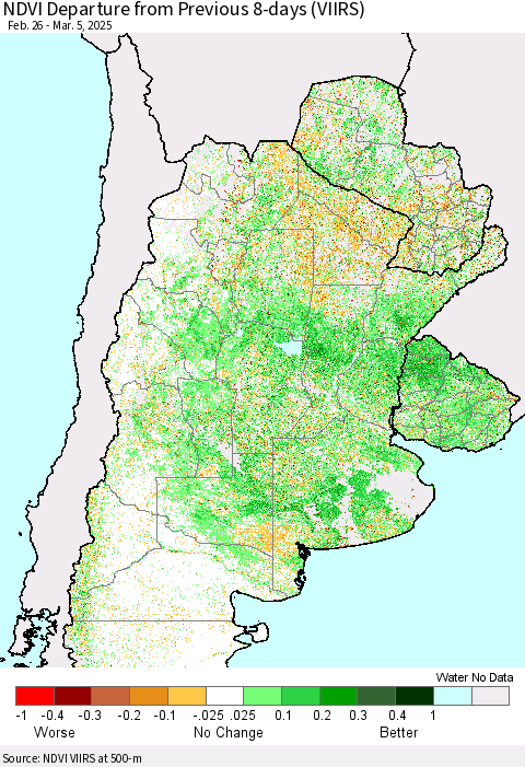 Southern South America NDVI Departure from Previous 8-days (VIIRS) Thematic Map For 2/26/2025 - 3/5/2025