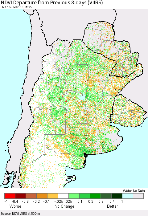 Southern South America NDVI Departure from Previous 8-days (VIIRS) Thematic Map For 3/6/2025 - 3/13/2025