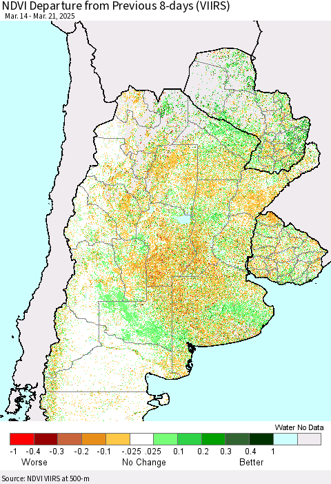 Southern South America NDVI Departure from Previous 8-days (VIIRS) Thematic Map For 3/14/2025 - 3/21/2025