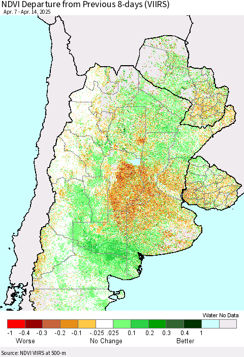 Southern South America NDVI Departure from Previous 8-days (VIIRS) Thematic Map For 4/7/2025 - 4/14/2025