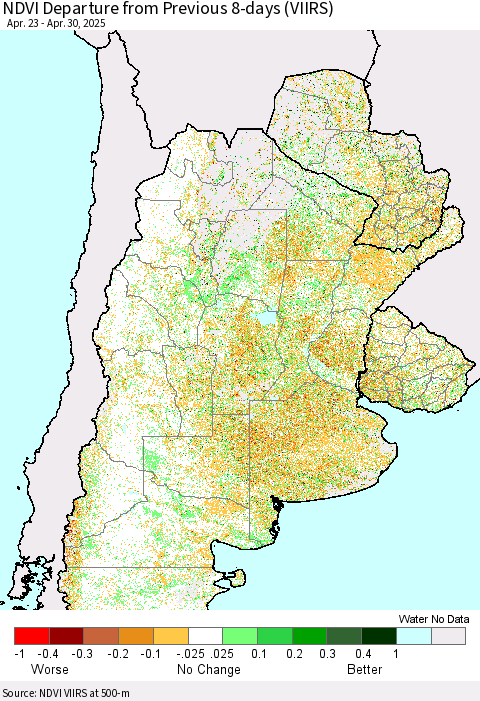 Southern South America NDVI Departure from Previous 8-days (VIIRS) Thematic Map For 4/23/2025 - 4/30/2025