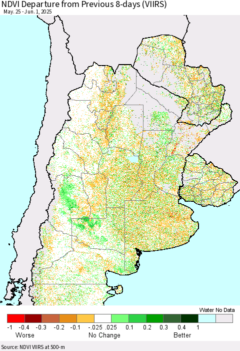Southern South America NDVI Departure from Previous 8-days (VIIRS) Thematic Map For 5/25/2025 - 6/1/2025