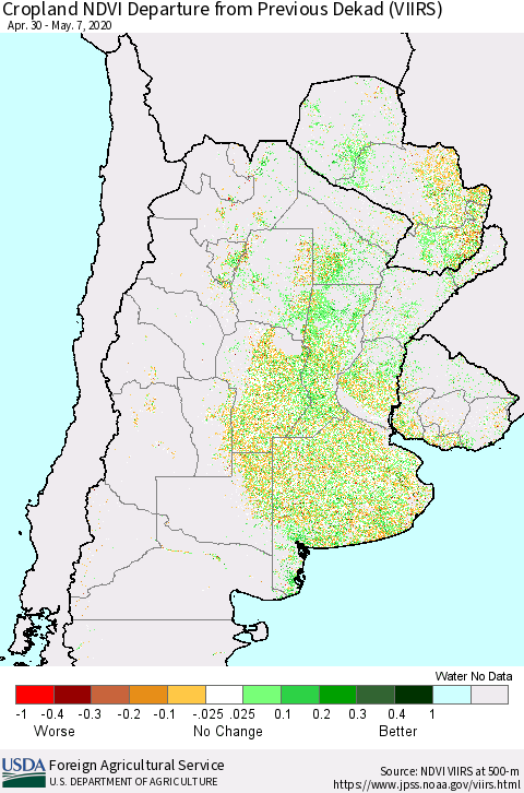 Southern South America Cropland NDVI Departure from Previous Dekad (VIIRS) Thematic Map For 5/1/2020 - 5/10/2020