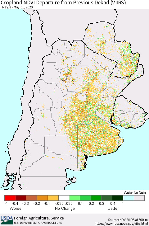 Southern South America Cropland NDVI Departure from Previous Dekad (VIIRS) Thematic Map For 5/11/2020 - 5/20/2020