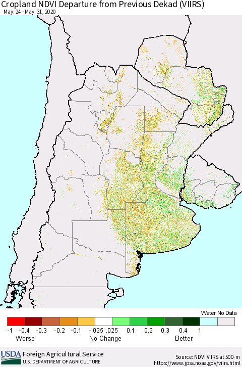 Southern South America Cropland NDVI Departure from Previous Dekad (VIIRS) Thematic Map For 5/21/2020 - 5/31/2020