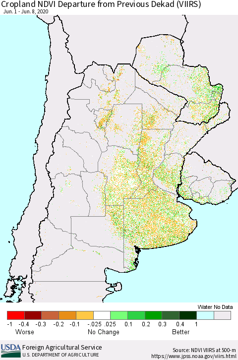 Southern South America Cropland NDVI Departure from Previous Dekad (VIIRS) Thematic Map For 6/1/2020 - 6/10/2020