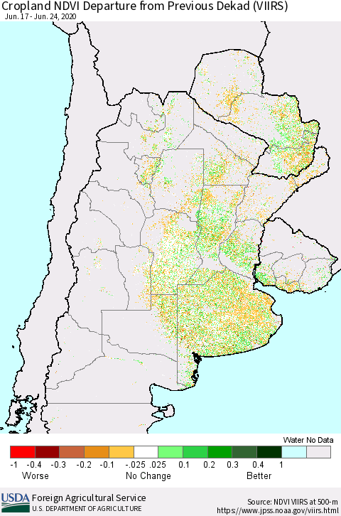 Southern South America Cropland NDVI Departure from Previous Dekad (VIIRS) Thematic Map For 6/21/2020 - 6/30/2020