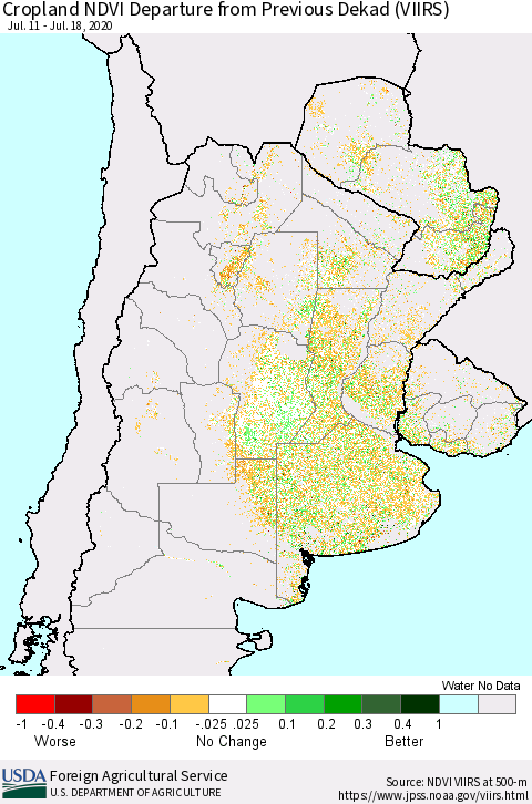Southern South America Cropland NDVI Departure from Previous Dekad (VIIRS) Thematic Map For 7/11/2020 - 7/20/2020