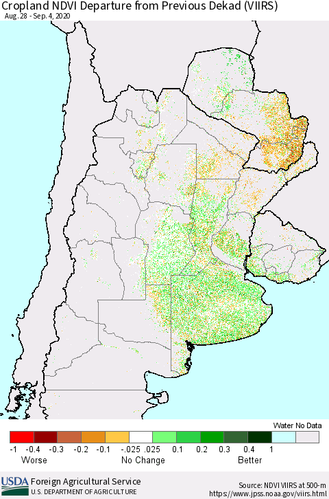 Southern South America Cropland NDVI Departure from Previous Dekad (VIIRS) Thematic Map For 9/1/2020 - 9/10/2020