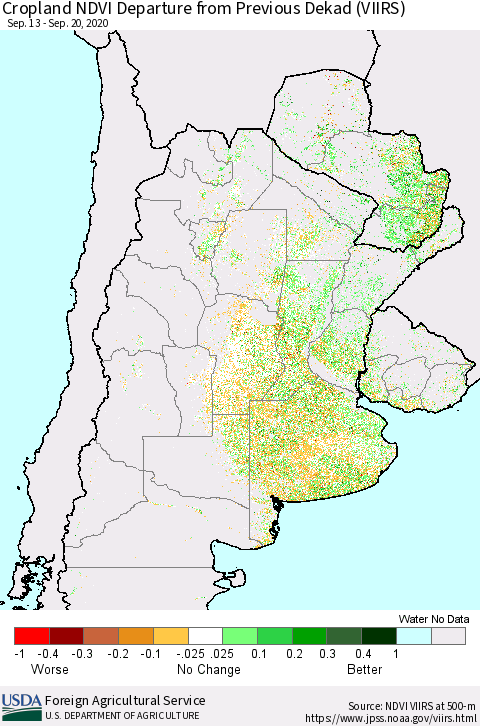 Southern South America Cropland NDVI Departure from Previous Dekad (VIIRS) Thematic Map For 9/11/2020 - 9/20/2020