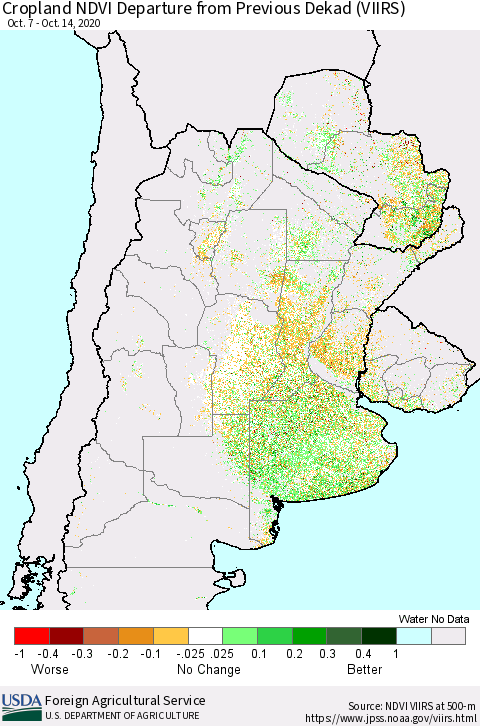 Southern South America Cropland NDVI Departure from Previous Dekad (VIIRS) Thematic Map For 10/11/2020 - 10/20/2020