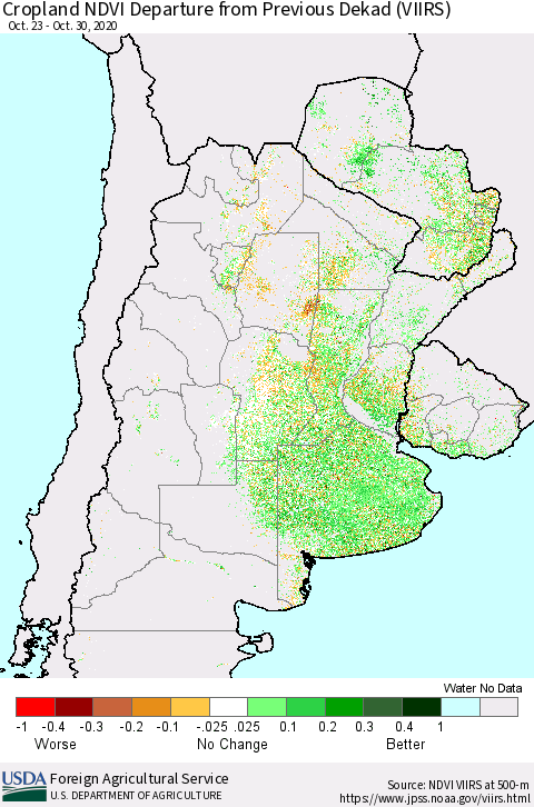 Southern South America Cropland NDVI Departure from Previous Dekad (VIIRS) Thematic Map For 10/21/2020 - 10/31/2020