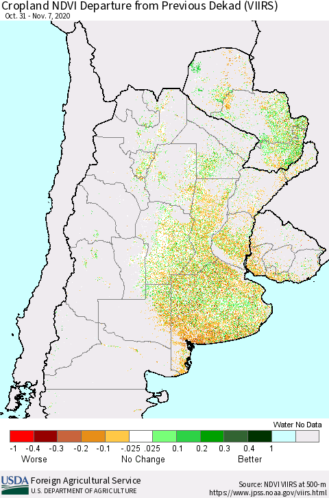 Southern South America Cropland NDVI Departure from Previous Dekad (VIIRS) Thematic Map For 11/1/2020 - 11/10/2020