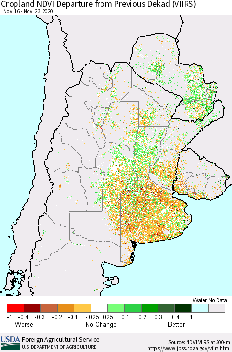 Southern South America Cropland NDVI Departure from Previous Dekad (VIIRS) Thematic Map For 11/21/2020 - 11/30/2020