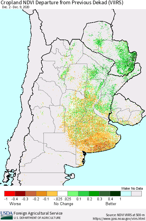 Southern South America Cropland NDVI Departure from Previous Dekad (VIIRS) Thematic Map For 12/1/2020 - 12/10/2020