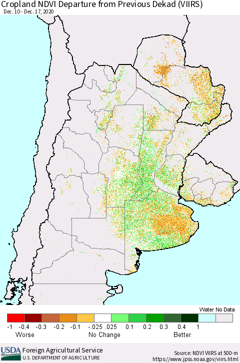 Southern South America Cropland NDVI Departure from Previous Dekad (VIIRS) Thematic Map For 12/11/2020 - 12/20/2020