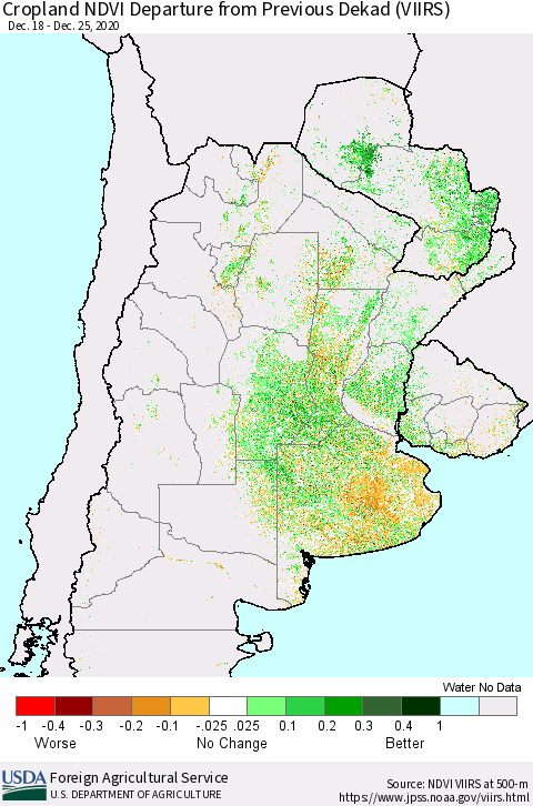 Southern South America Cropland NDVI Departure from Previous Dekad (VIIRS) Thematic Map For 12/21/2020 - 12/31/2020