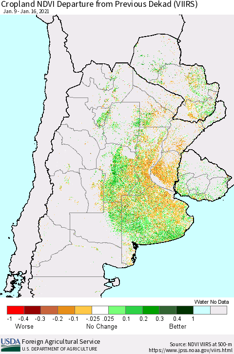 Southern South America Cropland NDVI Departure from Previous Dekad (VIIRS) Thematic Map For 1/11/2021 - 1/20/2021