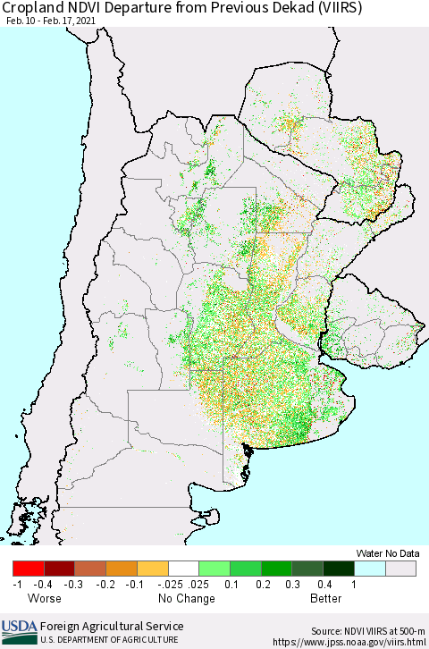 Southern South America Cropland NDVI Departure from Previous Dekad (VIIRS) Thematic Map For 2/11/2021 - 2/20/2021