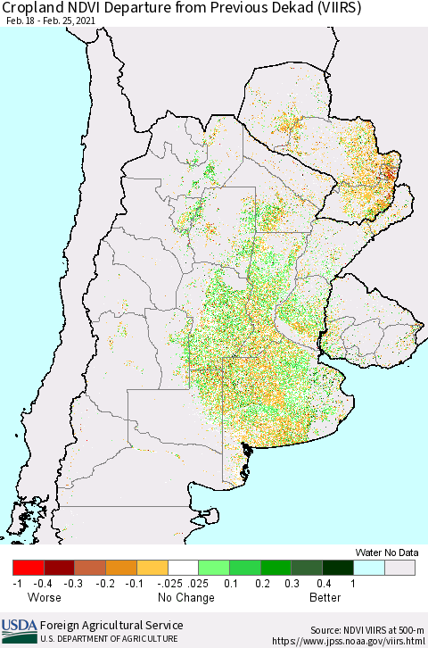 Southern South America Cropland NDVI Departure from Previous Dekad (VIIRS) Thematic Map For 2/21/2021 - 2/28/2021