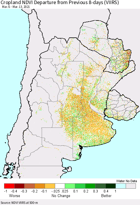 Southern South America Cropland NDVI Departure from Previous 8-days (VIIRS) Thematic Map For 3/6/2021 - 3/13/2021