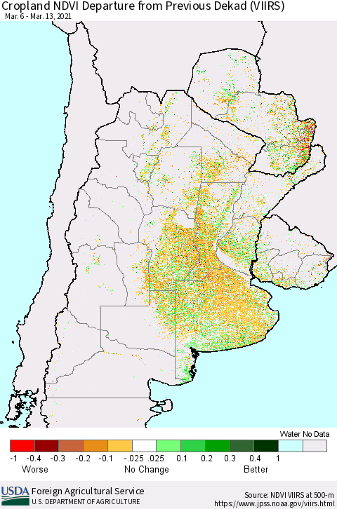 Southern South America Cropland NDVI Departure from Previous Dekad (VIIRS) Thematic Map For 3/11/2021 - 3/20/2021