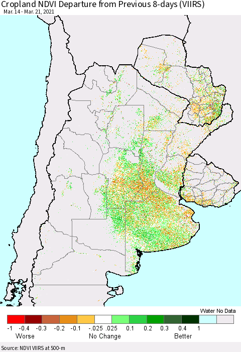 Southern South America Cropland NDVI Departure from Previous 8-days (VIIRS) Thematic Map For 3/14/2021 - 3/21/2021