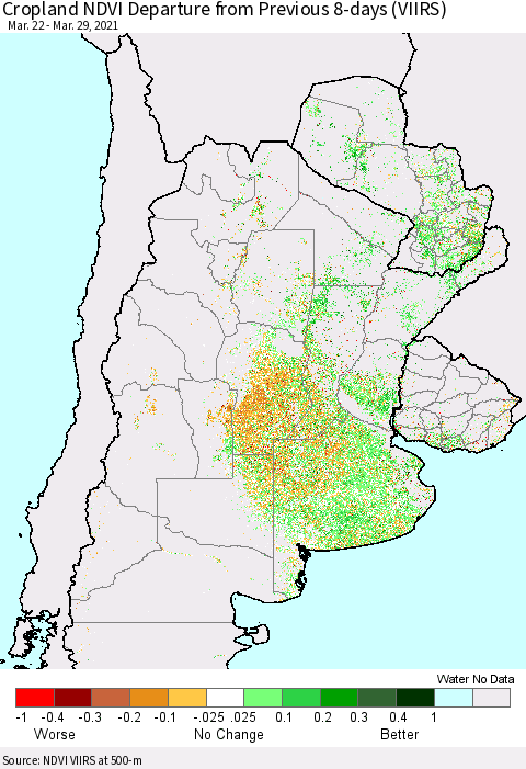 Southern South America Cropland NDVI Departure from Previous 8-days (VIIRS) Thematic Map For 3/22/2021 - 3/29/2021