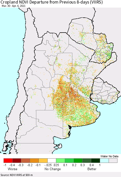 Southern South America Cropland NDVI Departure from Previous 8-days (VIIRS) Thematic Map For 3/30/2021 - 4/6/2021