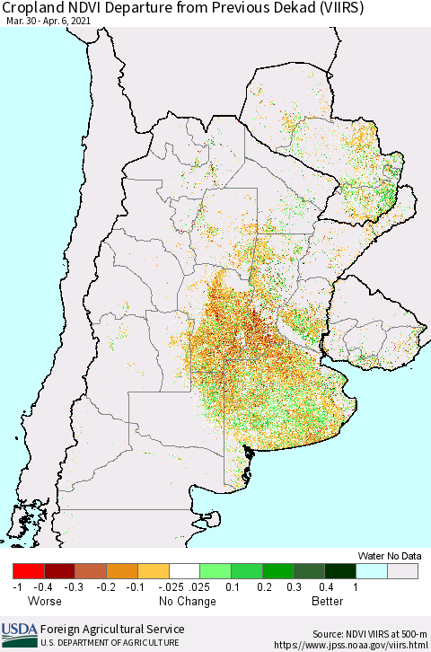 Southern South America Cropland NDVI Departure from Previous Dekad (VIIRS) Thematic Map For 4/1/2021 - 4/10/2021